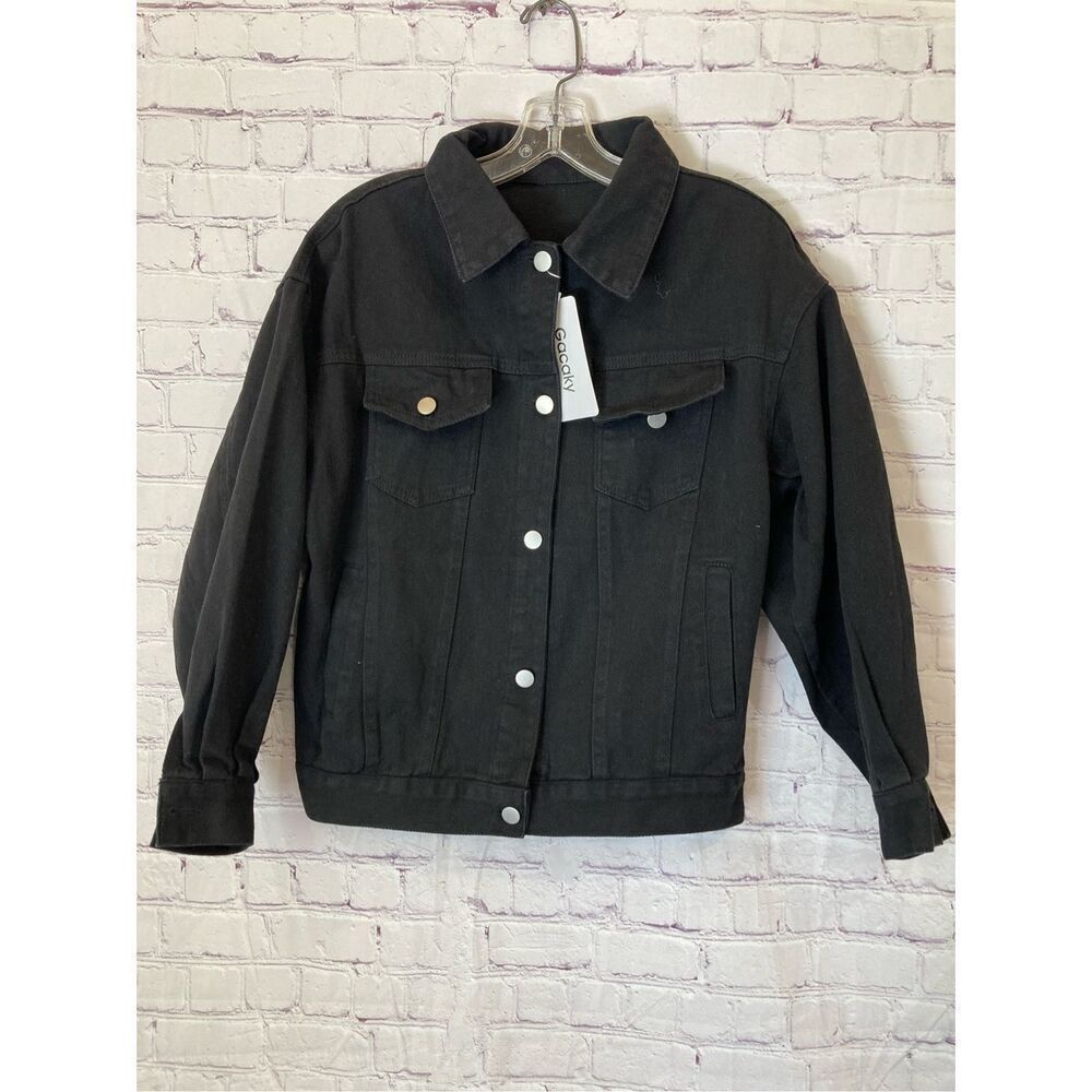 Gacaky Womens Medium Denim Jacket Black Button Front Pockets Long Sleeve NWT